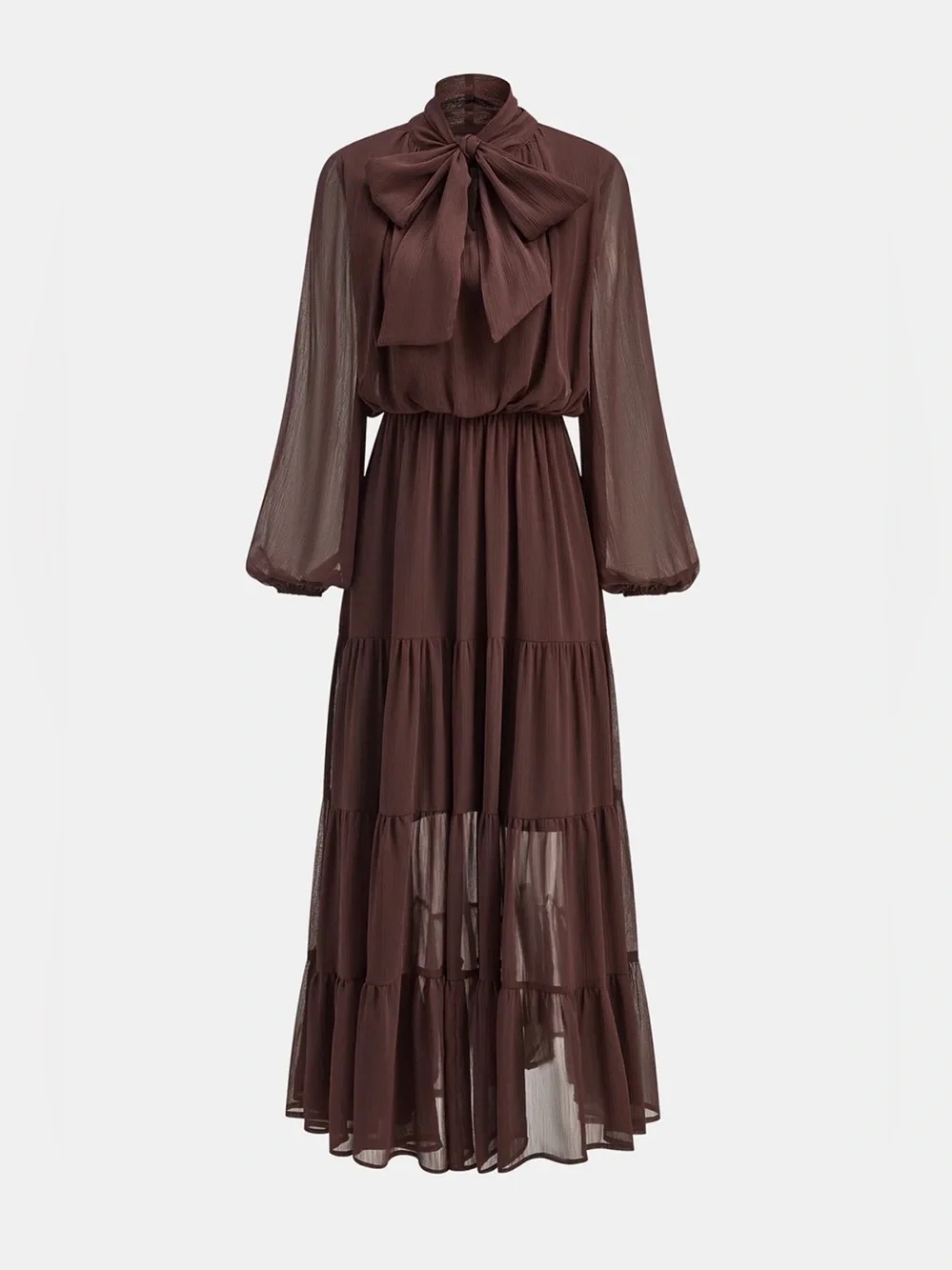Commense Chocolate Brown Maxi Tie-Neck Tiered Dress